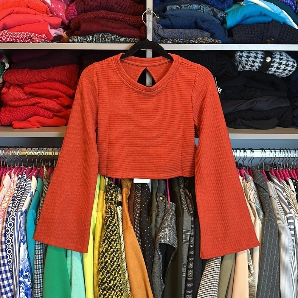 Band of the Free rust long bell sleeve back cut out cropped top size XS NWT